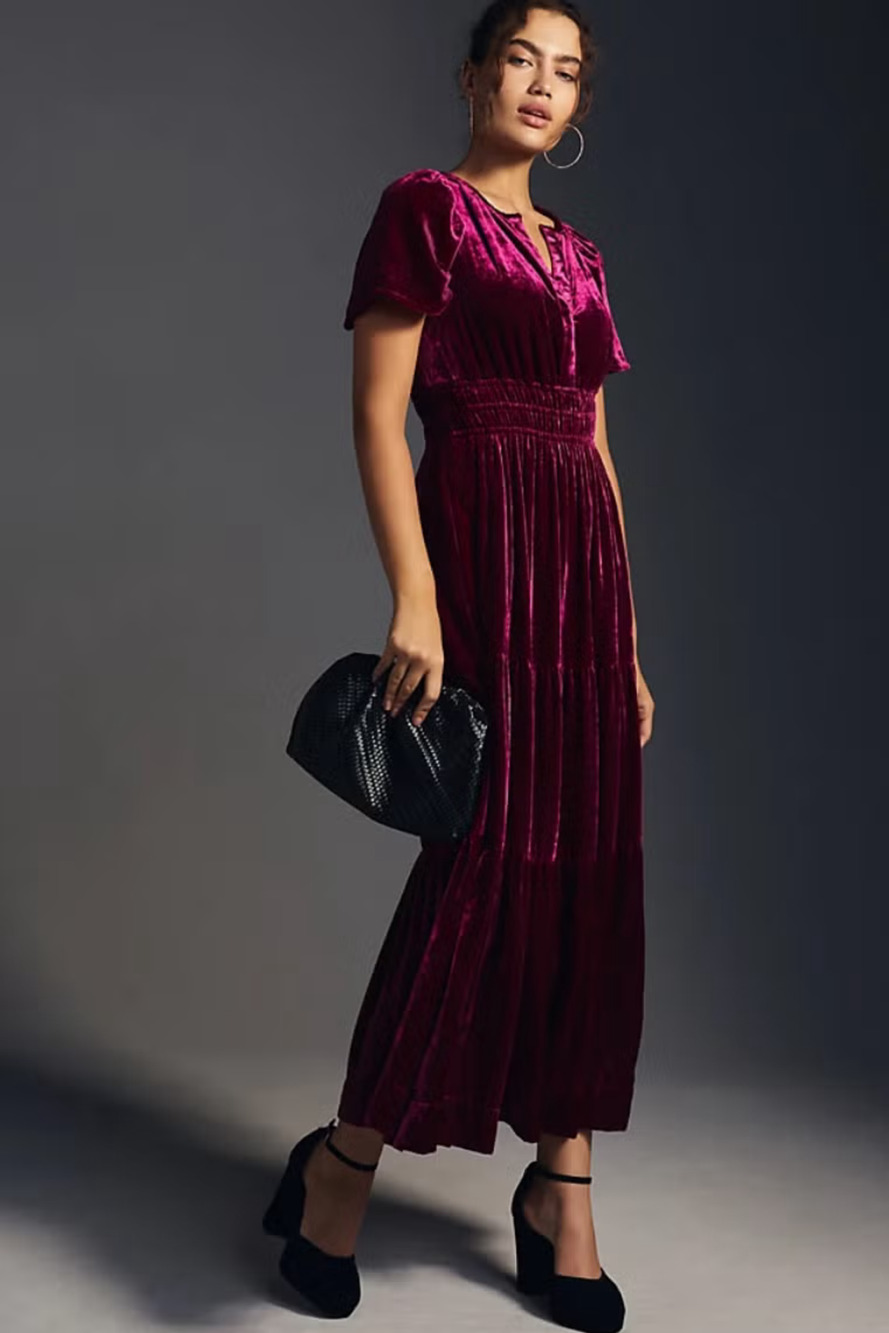 Anthropologie Somerset Velvet Maxi Dress Tiered Short Sleeve
